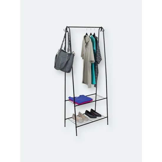 Home Basics 2 Shelf Free-Standing Garment Rack With Hooks, Black Storage & Organization