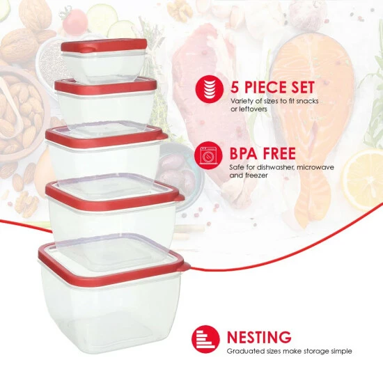 Home Basics 10 Piece Spill-Proof Square Plastic Food Storage Container Snap-On Lids - Red Tools & Accessories - Image 2