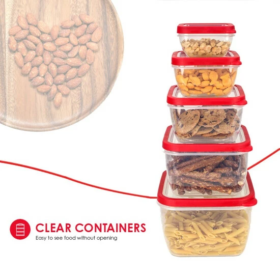 Home Basics 10 Piece Spill-Proof Square Plastic Food Storage Container Snap-On Lids - Red Tools & Accessories - Image 3