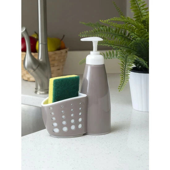 Home Basics Soap Dispenser With Perforated Sponge Holder, Grey Tools & Accessories - Image 2