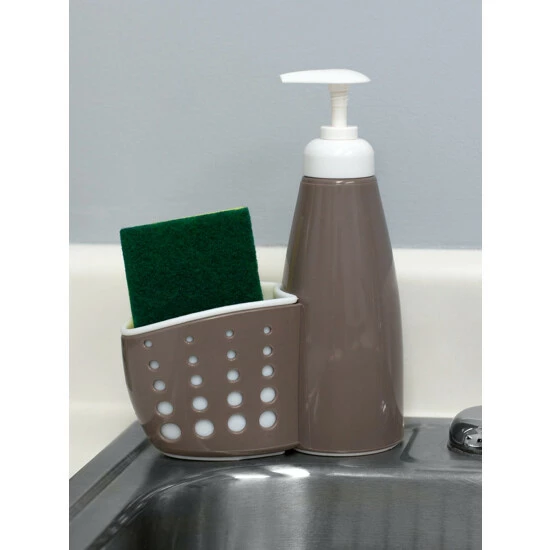 Home Basics Soap Dispenser With Perforated Sponge Holder, Grey Tools & Accessories - Image 3