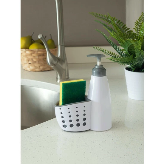 Home Basics Soap Dispenser With Perforated Sponge Holder, White Tools & Accessories Default Title - Image 3