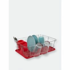 Home Basics 3 Piece Chrome Plated Steel And Plastic Dish Rack, Red Tools & Accessories