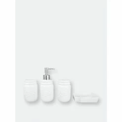 Home Basics 4 Piece Dolomite Mason Jar Bath Set, White Bath Accessories