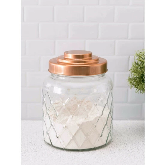 Home Basics Small 2.6 Lt Textured Glass Jar With Gleaming Air-Tight Copper Top Storage & Organization - Image 2