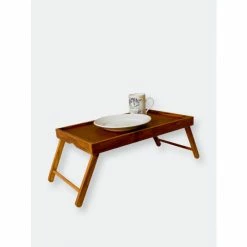 Home Basics Folding Multi-Purpose Rustic Wood Bed Tray With Carved Handles, Pine Storage & Organization
