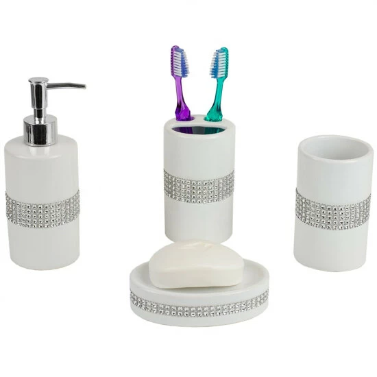 Home Basics 4 Piece Ceramic Luxury Bath Accessory Set With Stunning Sequin Accents - White Bath Accessories