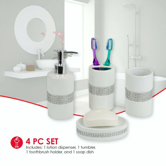 Home Basics 4 Piece Ceramic Luxury Bath Accessory Set With Stunning Sequin Accents - White Bath Accessories - Image 2