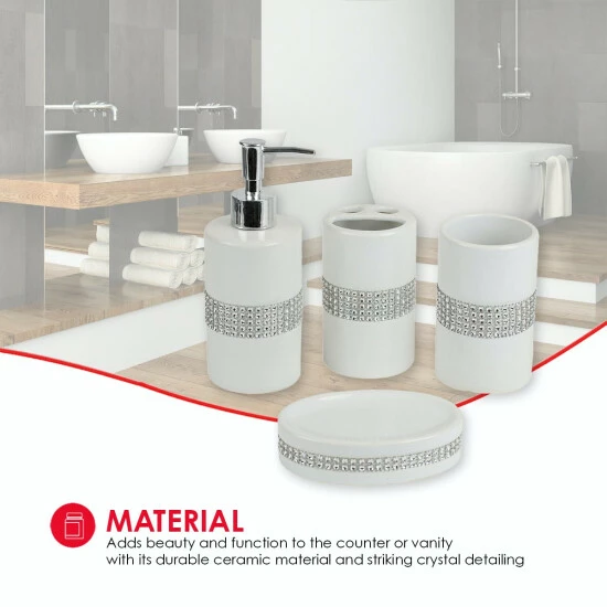 Home Basics 4 Piece Ceramic Luxury Bath Accessory Set With Stunning Sequin Accents - White Bath Accessories - Image 3