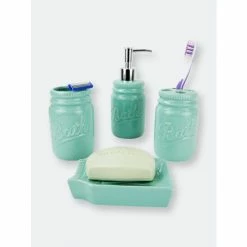 Home Basics 4 Piece Dolomite Mason Jar Bath Set, Mint Bath Accessories