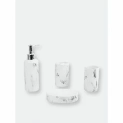Home Basics Marble Ceramic 4 Piece Bath Accessory Set, White Bath Accessories