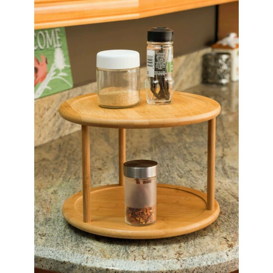 Home Basics 2 Tier Bamboo Lazy Susan Storage & Organization - Image 2