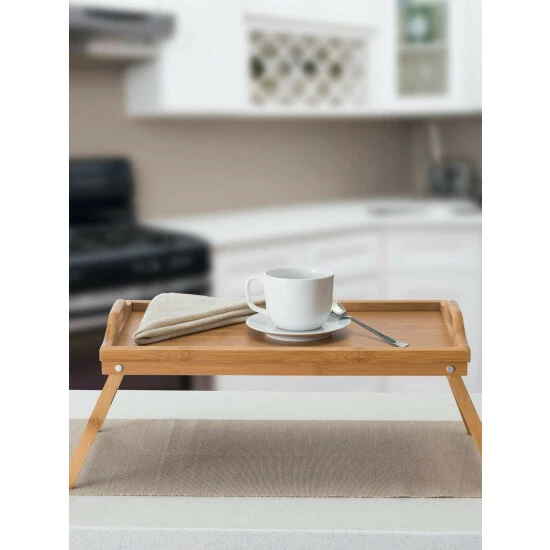 Home Basics Multi-Purpose Folding Rustic Bamboo Bed Tray With Cut-out Handles Storage & Organization - Image 2