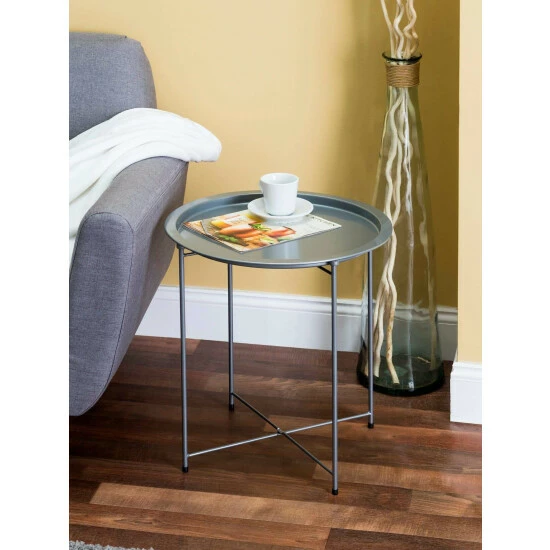 Home Basics Foldable Round Multi-Purpose Side Accent Metal Table, Silver Storage & Organization - Image 2