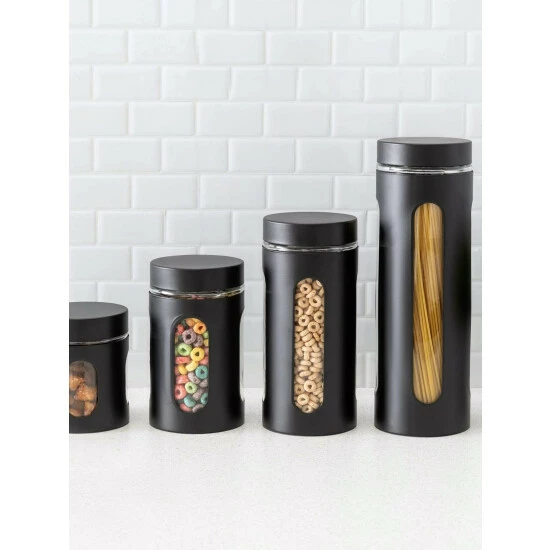 Home Basics 4 Piece Stainless Steel Canisters With Multiple Peek-Through Windows, Black Storage & Organization - Image 2