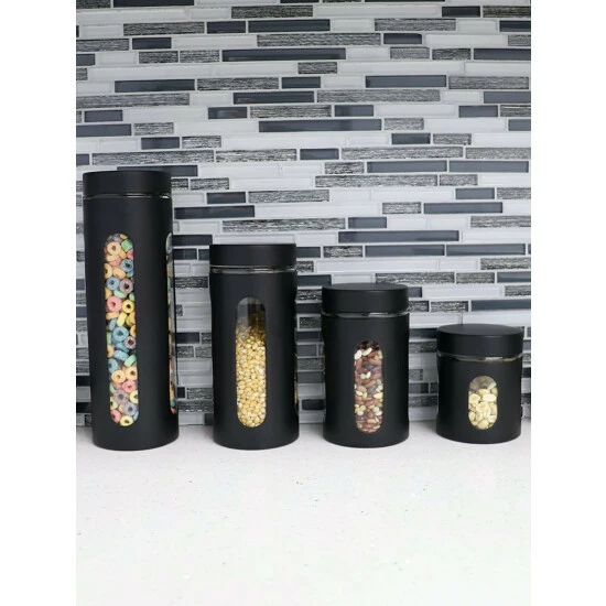 Home Basics 4 Piece Stainless Steel Canisters With Multiple Peek-Through Windows, Black Storage & Organization - Image 3