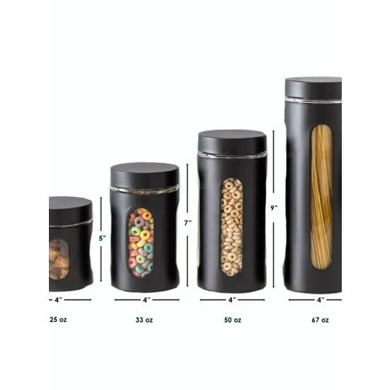 Home Basics 4 Piece Stainless Steel Canisters With Multiple Peek-Through Windows, Black Storage & Organization - Image 6