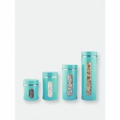 Home Basics 4 Piece Essence Collection Stainless Steel Canister Set, Turquoise Storage & Organization