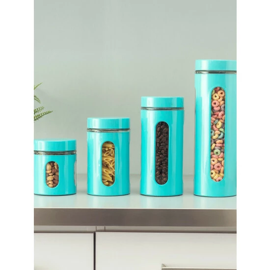 Home Basics 4 Piece Essence Collection Stainless Steel Canister Set, Turquoise Storage & Organization - Image 2