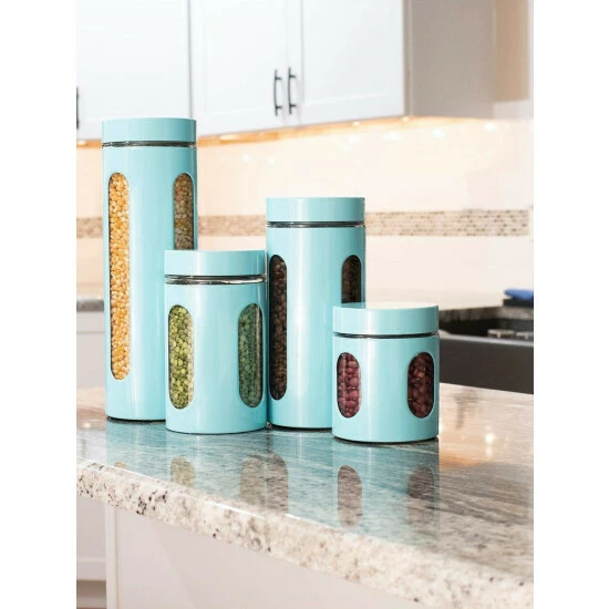 Home Basics 4 Piece Essence Collection Stainless Steel Canister Set, Turquoise Storage & Organization - Image 3