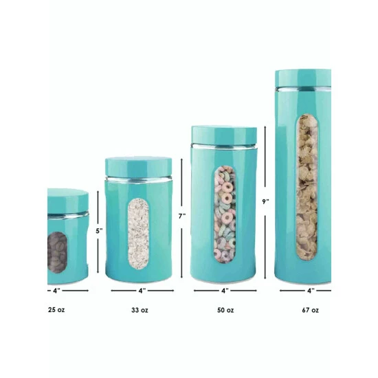 Home Basics 4 Piece Essence Collection Stainless Steel Canister Set, Turquoise Storage & Organization - Image 4