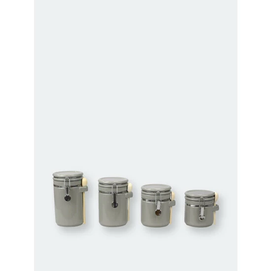 Home Basics 4 Piece Ceramic Canisters With Easy Open Air-Tight Clamp Top Lid And Wooden Spoons, Grey Storage & Organization