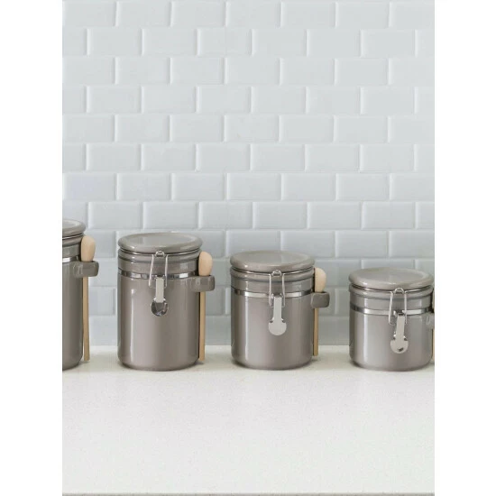 Home Basics 4 Piece Ceramic Canisters With Easy Open Air-Tight Clamp Top Lid And Wooden Spoons, Grey Storage & Organization - Image 2
