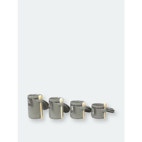Home Basics 4 Piece Ceramic Canisters With Easy Open Air-Tight Clamp Top Lid And Wooden Spoons, Grey Storage & Organization - Image 3