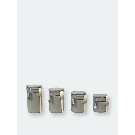 Home Basics 4 Piece Ceramic Canisters With Easy Open Air-Tight Clamp Top Lid And Wooden Spoons, Grey Storage & Organization - Image 4