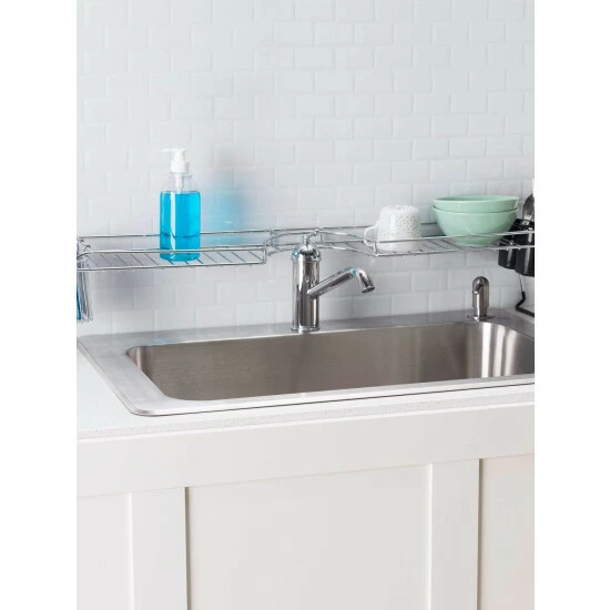 Home Basics Chrome Plated Steel Faucet Spacer Over The Sink Shelf With Cutlery Holder Knives & Cutting Boards - Image 2