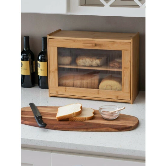 Home Basics 2 Tier Bamboo Bread Box With Peek-Through Acetate Window, Natural Storage & Organization - Image 2