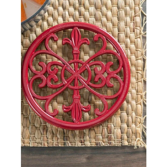 Home Basics Fleur De Lis Collection Cast Iron Trivet, Red Storage & Organization - Image 2
