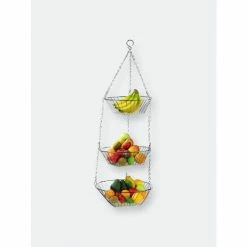 Home Basics 3 Tier Wire Hanging Round Fruit Basket, Chrome Tools & Accessories