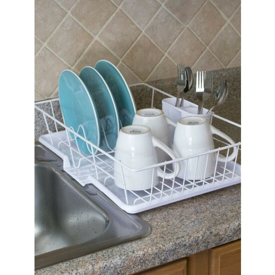 Home Basics 3 Piece Vinyl Coated Steel Dish Drainer, White Tools & Accessories - Image 2