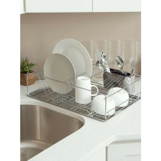 Home Basics Chrome Plated Steel Dish Rack With Tray Tools & Accessories - Image 2