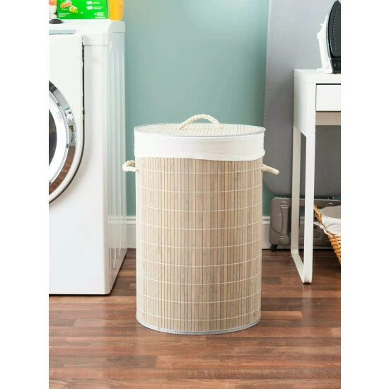 Home Basics Round Bamboo Hamper, Grey Laundry - Image 2