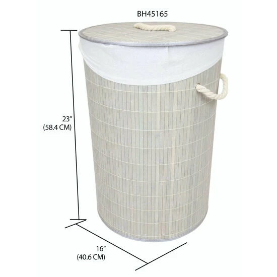 Home Basics Round Bamboo Hamper, Grey Laundry - Image 3