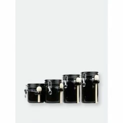 Home Basics 4 Piece Ceramic Canister Set With Wooden Spoons, Black Storage & Organization