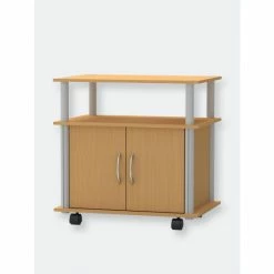 Home Basics Rolling Wood TV Stand With Cabinet, Natural Storage & Organization