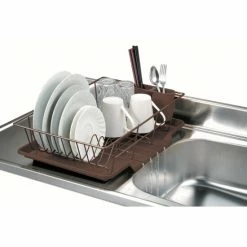 Home Basics 3 Piece Vinyl Dish Drainer With Self-Draining Drip Tray - Brown Tools & Accessories