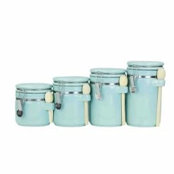 Home Basics 4 Piece Ceramic Canister Set With Wooden Spoons - Turquoise Tools & Accessories