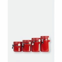 Home Basics 4 Piece Ceramic Canister Set With Wooden Spoons, Red Storage & Organization