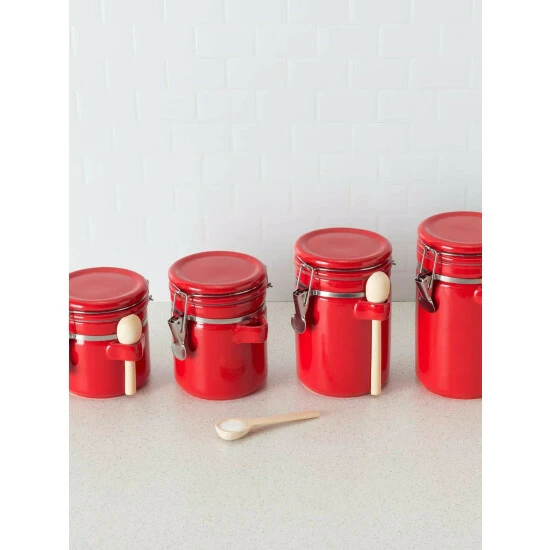 Home Basics 4 Piece Ceramic Canister Set With Wooden Spoons, Red Storage & Organization - Image 2