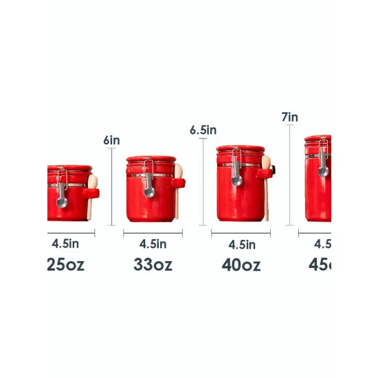 Home Basics 4 Piece Ceramic Canister Set With Wooden Spoons, Red Storage & Organization - Image 3