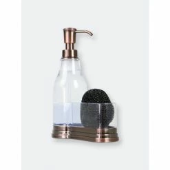 Home Basics Plastic Soap Dispenser With Brushed Steel Top And Fixed Sponge Holder, Bronze Bath Accessories
