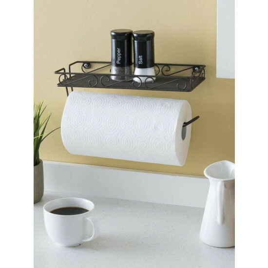 Home Basics Scroll Collection Wall Mounted Paper Towel Holder With Basket, Bronze Tools & Accessories - Image 2