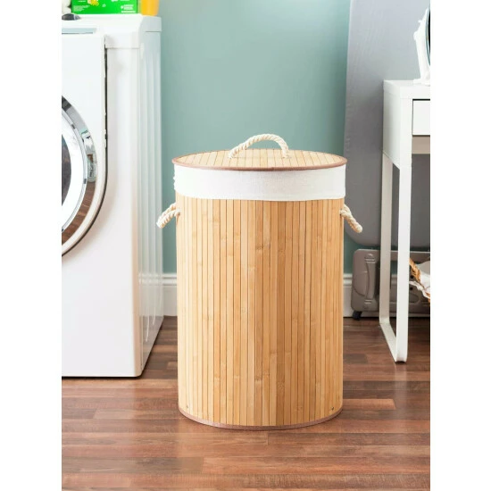 Home Basics Round Foldable Bamboo Hamper, Natural Laundry - Image 2
