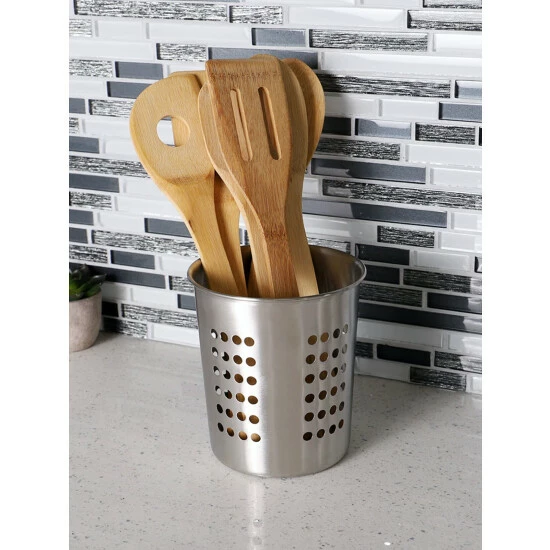 Home Basics Classic Perforated Quick Draining Stainless Steel Cutlery Holder Tools & Accessories Silver - Image 2