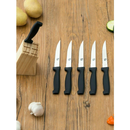 Home Basics 6 Piece Stainless Steel Steak Knife Set With All Natural Wood Display Block Storage & Organization - Image 2