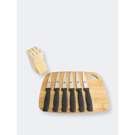 Home Basics 6 Piece Stainless Steel Steak Knife Set With All Natural Wood Display Block Storage & Organization - Image 4